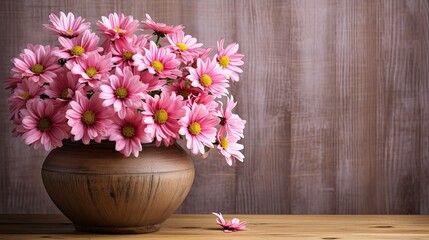 vase pink daisy on wood