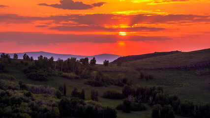 colorful sunset in the mountains of the Southern Ural range, Irendyk