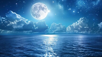 Romantic Moon With Clouds And Starry Sky Over Sparkling Blue Water, generative ai