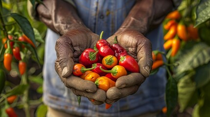 farmer holding red chili peppers and orange habaneros generative ai