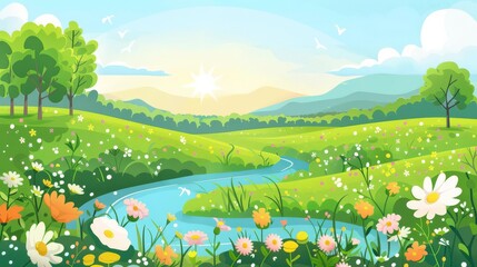 Fototapeta premium Spring landscape, with illustrations of a countryside landscape, with fields of flowers, a meandering stream, and blue skies