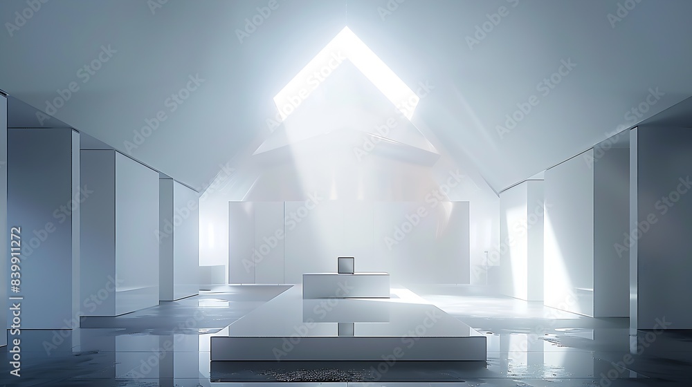 Aufkleber A large space with a triangular structure. In the center is a square podium. On top of the podium is a laptop. : Generative AI