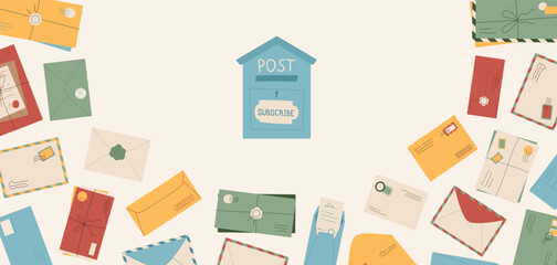 Cartoon mail and letters background template, flat style paper postcard subscribe design, trendy mailbox and postcard illustration, creative craft open and sealed envelope design.