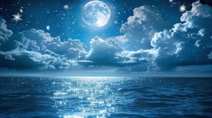 Romantic Moon With Clouds And Starry Sky Over Sparkling Blue Water, generative ai