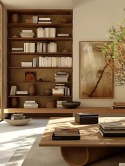 Minimalist style, wooden bookshelf, books, artworks : Generative AI
