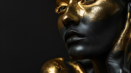 a woman's face with Golden glowing skin and closed eyes on a black background. : Generative AI