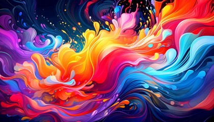 A vibrant explosion of color splashes on a black background, fluid shapes blending seamlessly. Abstract. Colorful. Red. Blue. Yellow. Background. Art. Illustration. 3