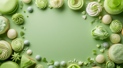 抹茶と抹茶味のお菓子で作られたかわいいフレーム
