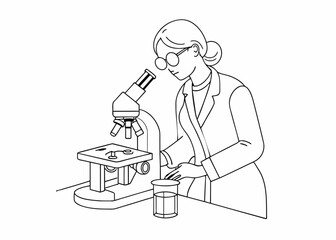 One line drawing of scientist working using microscope. Research and science concept - line art illustration.
