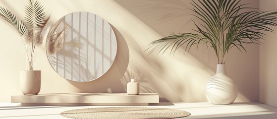 A stylish and elegant minimalist product display setup with a reflection of palm leaves on a circular mirror.