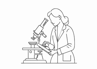 One line drawing of scientist working using microscope. Research and science concept - line art illustration.
