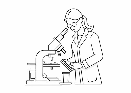 scientist looking microscope, black and white