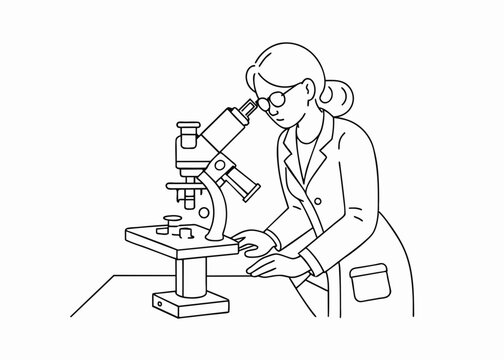 recommend clip art: One line drawing of scientist working using microscope. Research and science concept - line art illustration.
                    