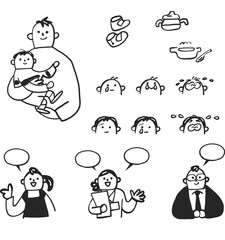 子育てを支援するサポーターたち　モノクロセットのイラスト素材
