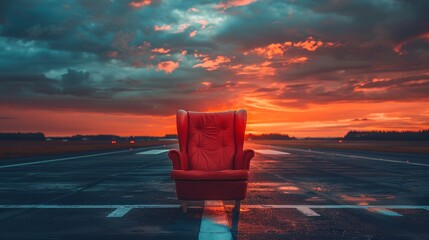 Chic chair placed on the runway, against a dramatic sky, embodying the essence of growth and achievement