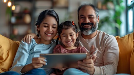 Portrait of a happy Peruvian Latin family with Peruvian little daughter using a digital tablet : Generative AI
