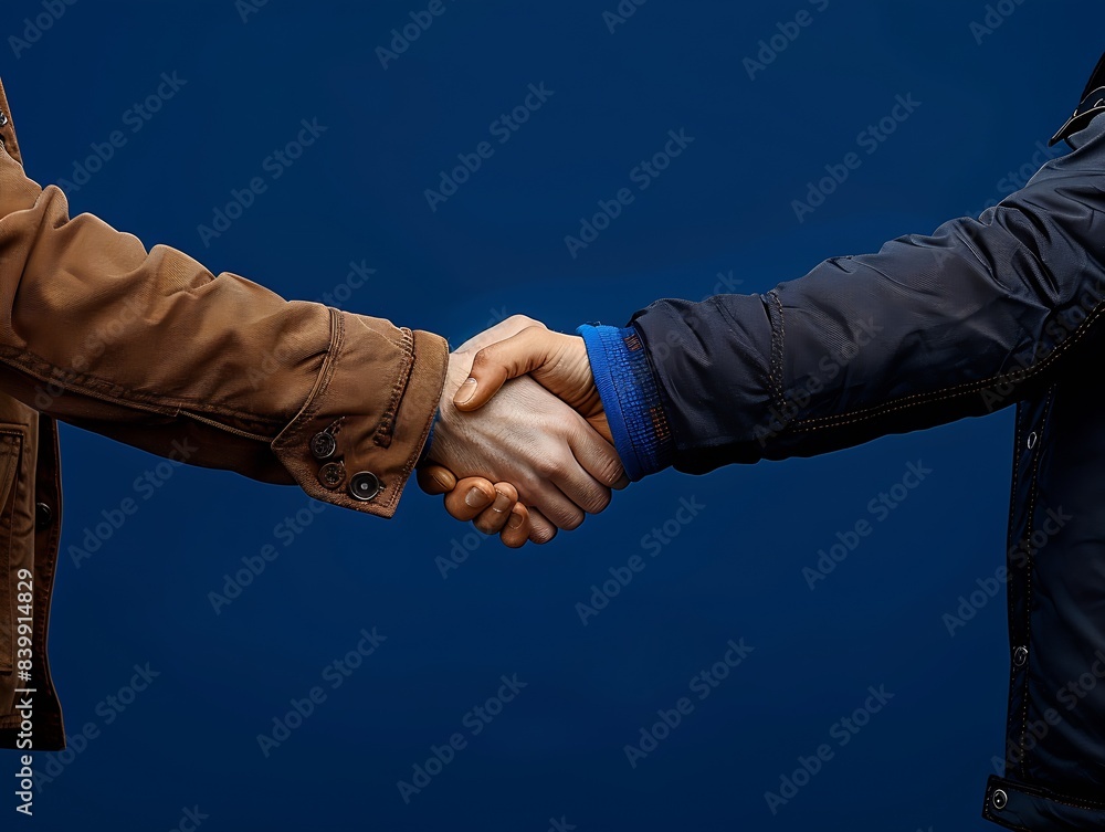 Poster two hands in a handshake in jackets on a dark blue background, office style : generative ai