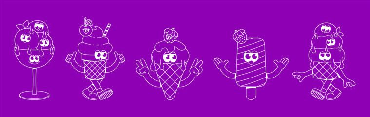Trendy psychedelic clipart set. Funky characters ice cream with cute faces and emotions. Sweet dessert mascot in groovy style. Vector illustration