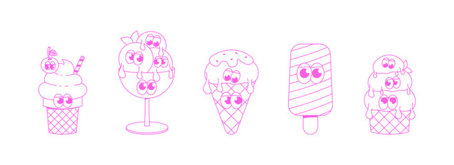 Funky ice cream mascot with cute faces, feets and hands. Funny character dessert cliparts in groovy style. Vector surrealism illustration