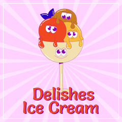 Funky ice cream card, postcard. Three colored balls in bowl with funky faces. Cute character dessert mascot in groovy style. Vector surrealism illustration in bright colors