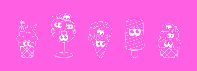 Funky ice cream mascot with cute faces, feets and hands. Funny character dessert cliparts in groovy style. Vector surrealism illustration