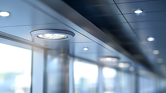 Close-up of a single celling small downlight in an airport waiting area : Generative AI