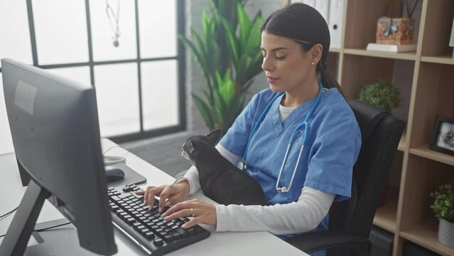 A woman veterinarian in scrubs with a stethoscope types on a computer while a chihuahua watches in a clinic office.