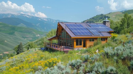 Fototapeta premium A large wooden house with a solar panel on the roof sits on a hillside. The house is surrounded by trees and mountains in the background. Concept of peace and tranquility