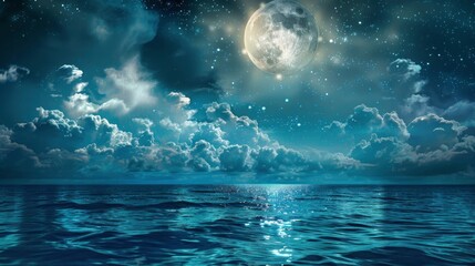 Fototapeta premium Romantic Moon With Clouds And Starry Sky Over Sparkling Blue Water, generative ai
