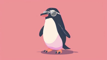 Fototapeta premium Cute penguin wearing sunglasses standing on a pink background.
