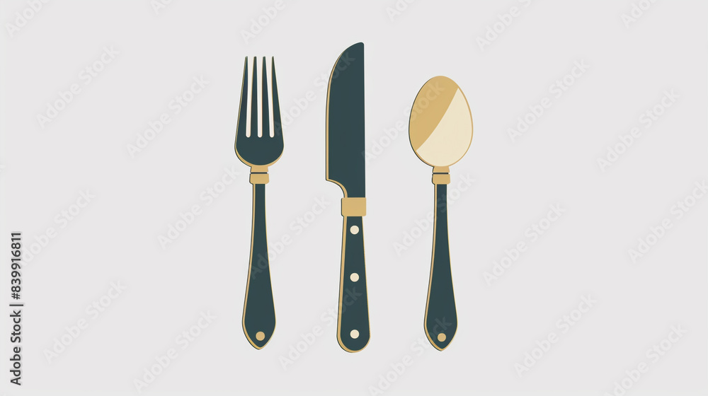 Wall mural Elegant fork, knife, and spoon. Logotype menu. Flat style. White background. Vector illustration. - Wall murals