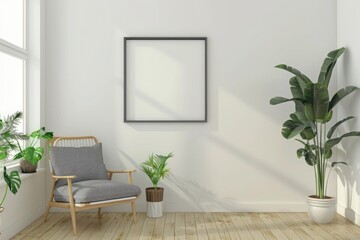 Minimalist room with a chair, potted plants, and a picture frame on the wall