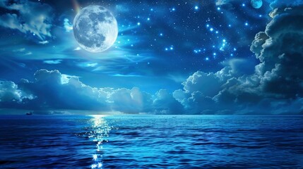 Fototapeta premium Romantic Moon With Clouds And Starry Sky Over Sparkling Blue Water, generative ai