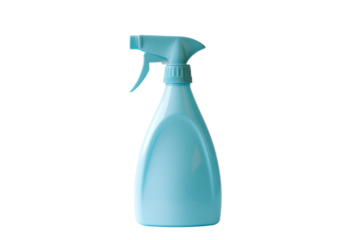 A blue plastic spray bottle isolated on transparent background. Suitable for cleaning products, gardening, or household use.