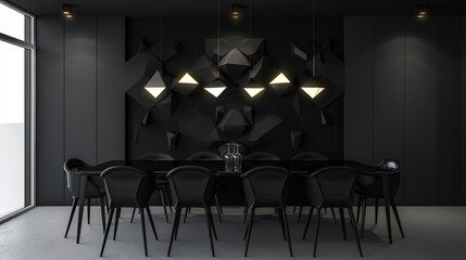 Black and white dining room with geometric lights.