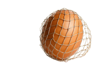 Brown egg enclosed in a protective net, symbolizing safety and security, isolated on transparent background.