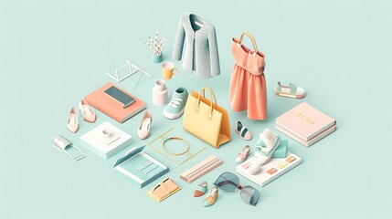Obraz premium Flat lay of summer clothes, accessories and shoes on a pink and green background.