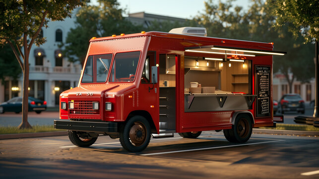 red food truck stopped in the parking lot, detail of the vehicle with the service door open and menu attached, bright daytime scene with several cars around, Ai generated Images