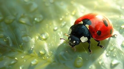 Obraz premium A delightful anime drawing of a cheerful ladybug crawling along a bright green leaf, its vibrant red shell standing out against a clean white background, Generative AI
