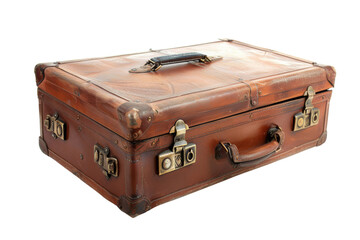 Vintage brown leather suitcase with brass locks and handle, isolated on transparent background. Perfect for travel, nostalgia, and retro themes.