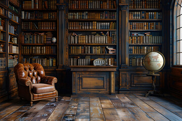A vintage podium room with a worn leather armchair placed beside the podium. The walls are lined with antique bookshelves and a globe stands in the corner.