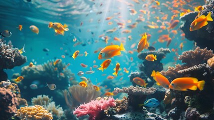 Fototapeta premium Vibrant Underwater Coral Reef Teeming with Colorful Marine Life in the Ocean