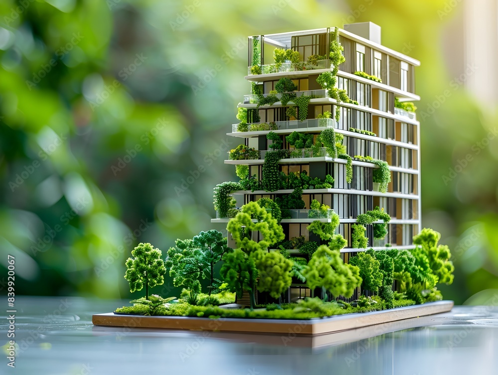 Poster innovative sustainable architecture model showcasing green building practices and environmental cons