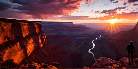 sunrise over grand canyon in vibrant colors casting light on overhanging rock formations