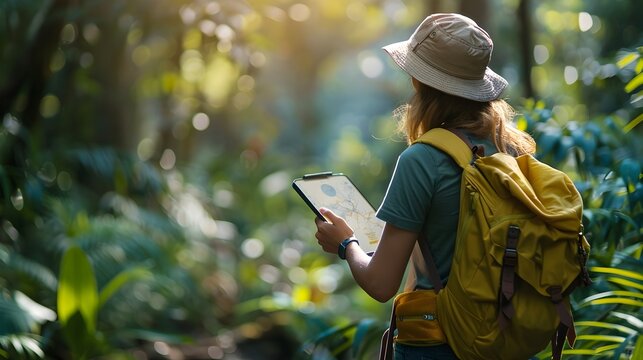 Biologist Tracking Wildlife with GPS Technology in a Lush National Park for Environmental Conservation