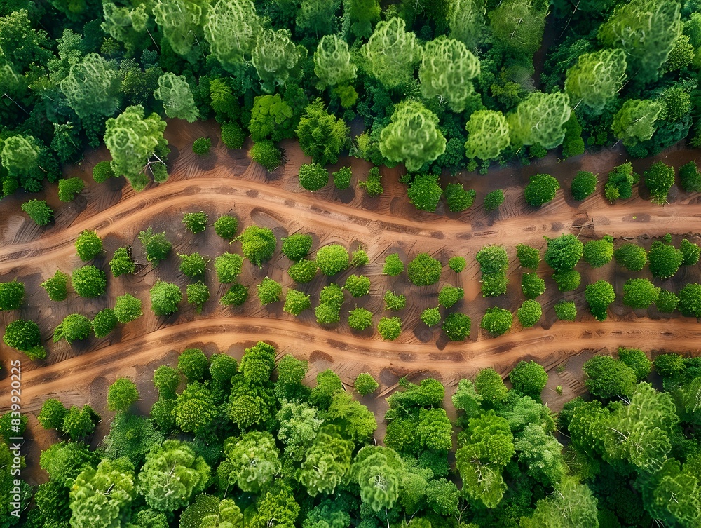 Poster aerial view of a reforestation project with new trees being planted in deforested areas environmenta