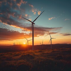 Obraz premium Wind Farm Silhouette at Dramatic Sunset Turbines Spinning to Generate Renewable Energy