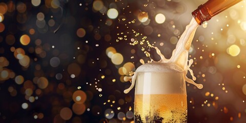 Creative food template. A bottle of frothy beer is poured into a glass with golden liquid splashes swirling on a dark bokeh background. Summer barbecue picnic drinks, copy space for text, HD wallpaper