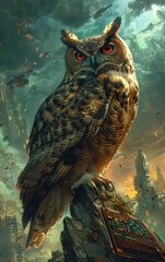 Illustrate a sinister owl perched among financial graphs under a stormy sky