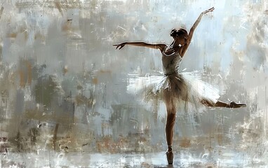 Visualize a minimal side view of a ballet dancer in impressionistic style, eloquently capturing fluid movements with soft brush strokes